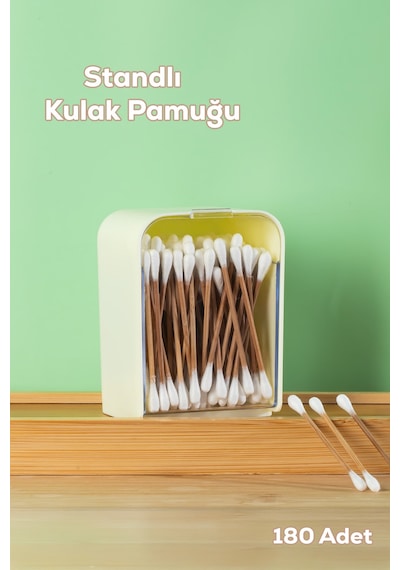 Porsima 3135 Doğal Ahşap Bambu Saplı Standlı Kulak Temizleme Çubuğu Seti- 180 Adet Renkli