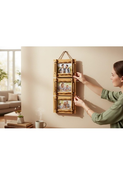 El Yapımı Doğal Ahşap 3 Lü Bambu Bamboo Fotoğraf Çerçevesi Dekoratif Ev Ofis Hediyesi Duvar Süsü - 6