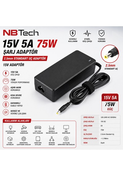 Nbtech 15v 5a 75w 2.5mm Standart Uç Adaptör Modem Kamera Led Monitör Şarj Adaptörü