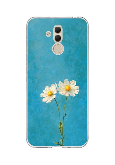 Huawei Mate 20 Lite Uyumlu İki Beyaz Çiçek Tasarımlı Turkuaz Baskılı Silikon Kılıf