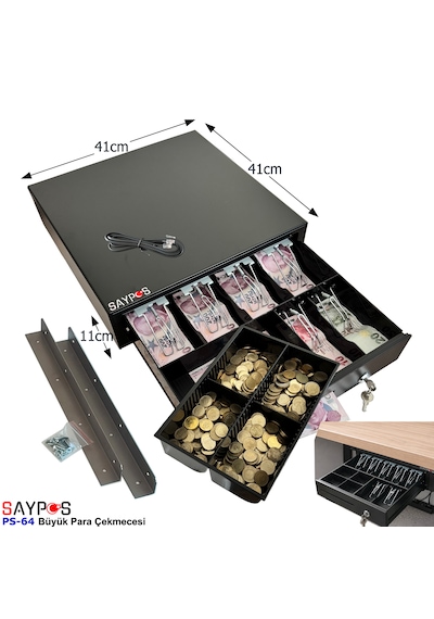 6 Banknot Gözlü Masa Altı Montaj Askılı, Pos Bağlantılı, Anahtardan Açılır Para Çekmecesi 41x41x11cm