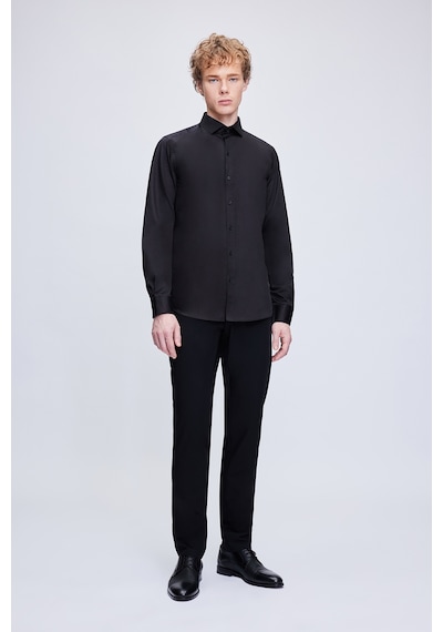 Hatemoğlu Siyah Slim Fit 100% Pamuk Açık İtalyan Yaka Uzun Kollu Saten Gömlek 24d190000045 002 Siyah