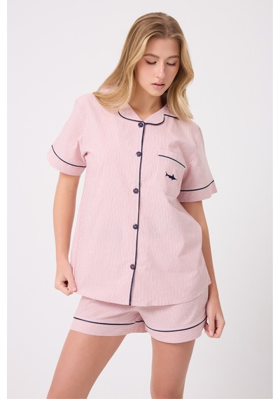 Lespadon Marısılk Seastrıpe Kadın Yazlık Şortlu Uzun Gömlekli Pijama & Lounge Takımı -3182 Pudra