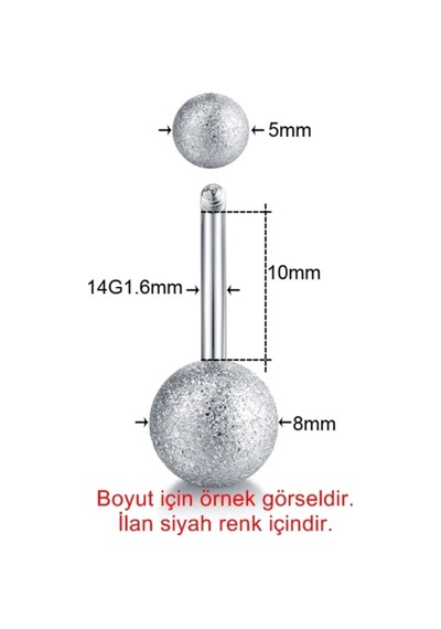 Siyah Renk 8Mm Top Uçlu Paslanmaz Çelik Göbek Piercing P455B Siyah