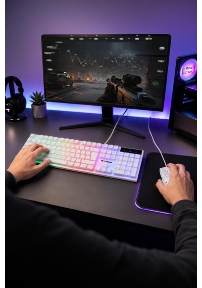 Aydınlatmalı Oyun Odası Oyuncu Rgb Işıklı Kablolu Q Klavye Ve Mouse Seti Tmk03 Beyaz