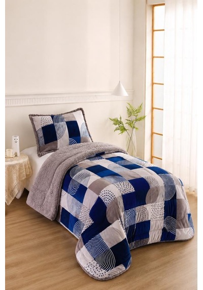 Ahenk Desenli Peluş Tek Kişilik Comforter Set Çok Renkli