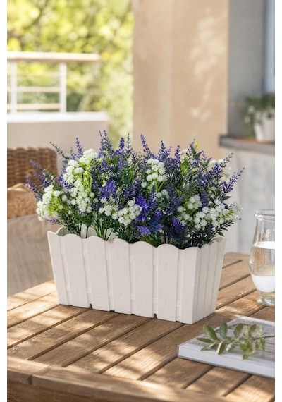 Yapay Çiçek Beyaz Balkon Saksıda Küpeşte Askılı Lavanta Ve Cipso Çiçeği 50cm