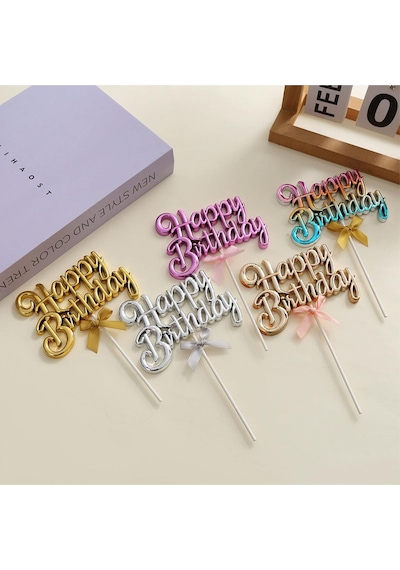 Fuşya Renk Happy Birthday Yazılı Pasta Süsü Tüm Yaşlar