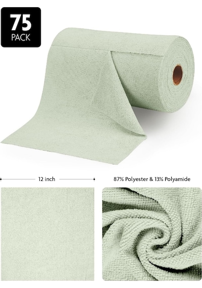 Çok Amaçlı Rulo Mikrofiber Temizlik Bezi 30x30 75 Yapraklı Yosun Yeşili Beyaz