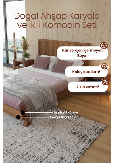 Hüma Dikey Başlıklı Masif Ahşap Karyola Ve 2 Adet Ceviz 100x200