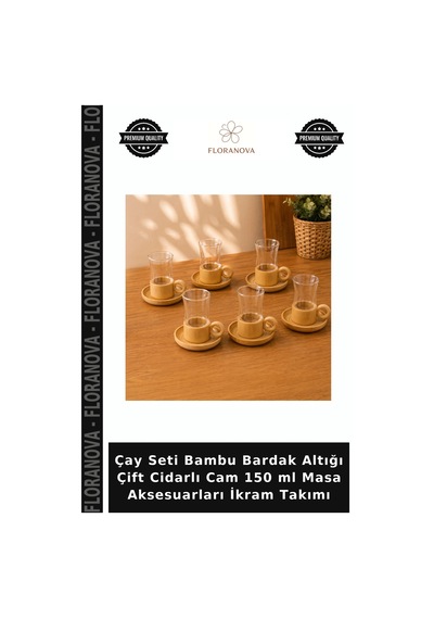Çay Seti Bambu Bardak Altığı Çift Cidarlı Cam 150 Ml Masa Aksesuarları İkram Takımı Şeffaf