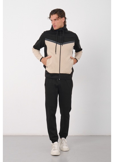 Dechers Erkek Siyah Tech Fleece Double Face Kapüşonlu Fermuarlı Eşofman Takımı - E228 Krem