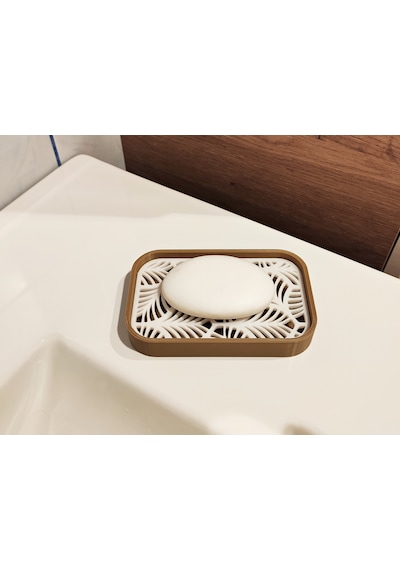 Dekoratif Plastik Banyo Sabunluğu Tezgah Üstü Kullanıma Uygun, Modern Tasarımlı Sabunluk Kabı Beyaz - Bronz