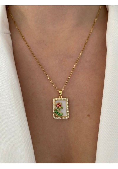 Vıp Seri - Sedefli Kırmızı Gül Kararmaz Çelik Kadın Gold Kolye Altın