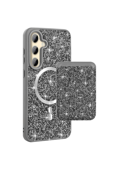 Teleplus Samsung Uyumlu Galaxy S26 Plus Kılıf Taşlı Mozaik Manyetik Şarj Kapak + Taşlı Kartlık Gümüş