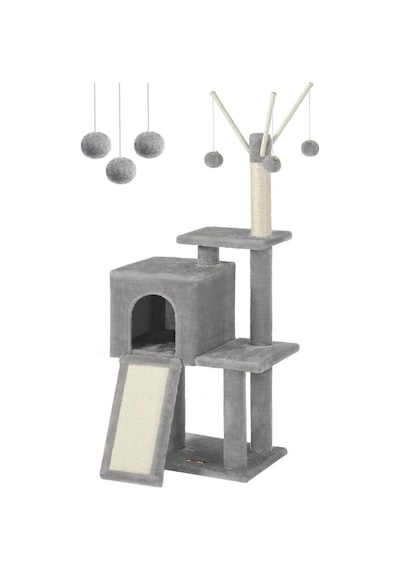 Feandrea Pct143w01 Kedi Ağacı, Tırmalama Tahtalı, 3 Çıkarılabilir Ponpon Çubuğu, 118 Cm, Açık Gri Outlet