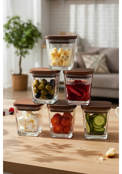 Prime - 6'lı Ahşap Vakumlu Kapaklı Cam Kahvaltılık Çok Amaçlı Cam Çerezlik 300 ml