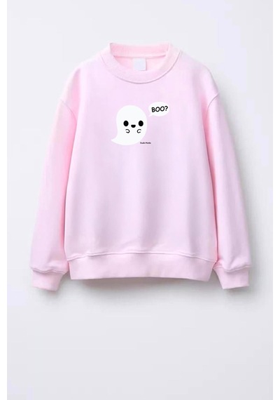 Monila Unisex Çocuk Cadılar Bayramı Temalı Baskılı Pamuklu Sweatshirt Pembe