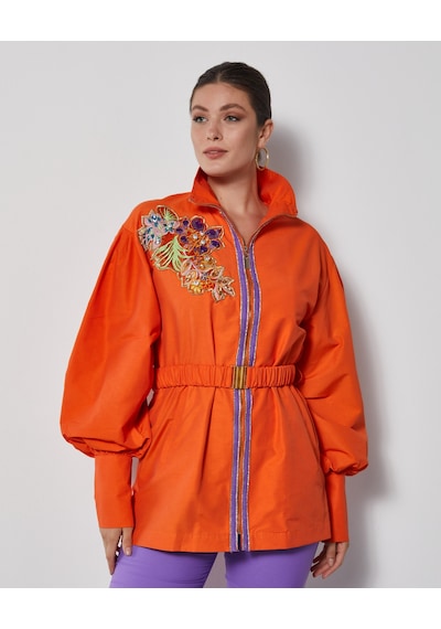 Serpil Exclusive Şık Kadın Mont- İşlemeli - Kemer Detaylı - Modern Tasarım - Günlük Kullanım İçin Mont Orange Turuncu