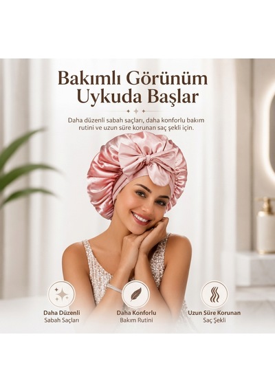 Ayarlanabilir Saç Bakım Bonesi İpek Saten Uyku Bonesi Tek Katlı Bandana Gül Kurusu