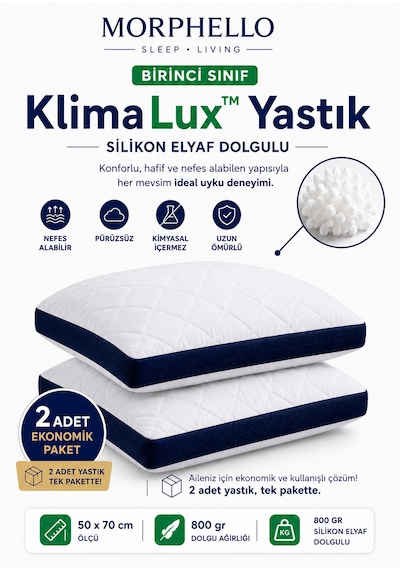 Morphello Klimalux Birinci Sınıf Klimalı Yastık 50x70 Cm 800 Gr Silikon Elyaf Dolgulu Nefes Alan Yan Spacer Makinede Yıkanabilir 2 Adet Beyaz-lacivert Spacer