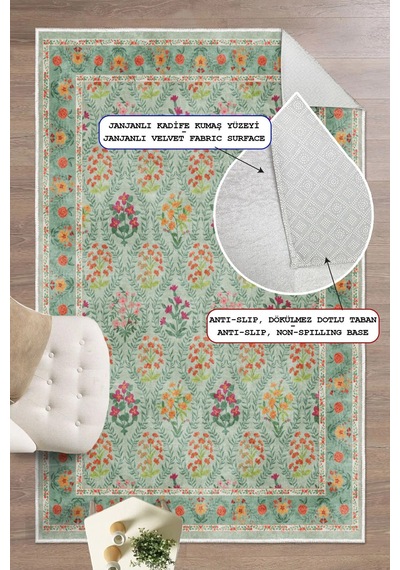 Modern Floral Desen Baskılı Kaymaz Yıkanabilir Salon Oturma Odası Mutfak Balkon Halısı Yolluk Yeşil