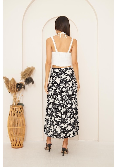 Darlin Moda Siyah Yaprak Desenli Yırtmaçlı Midi Etek Dm2014 Siyah