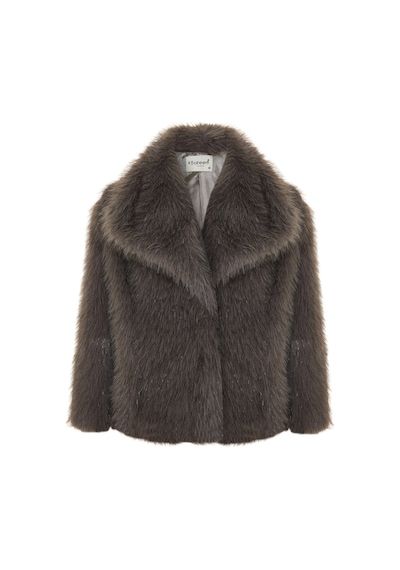 Sateen Geniş Yakalı Simli Kürk - Füme-136719 Füme