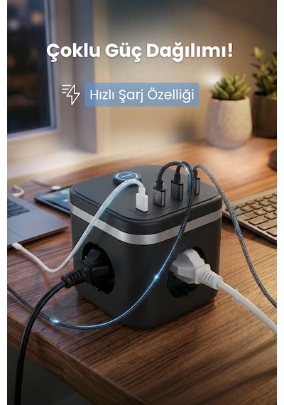 Yeni 3680w Pro Power 2xtype-c Ve 2x Usb Girişli Anahtarlı 3lü Çoğaltıcı Küp 2mt Kablolu Akım Korumalı Priz 2