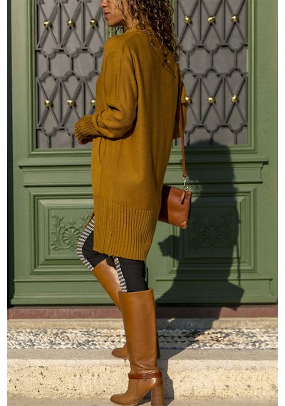 Aqe Fashion Şerit Bantlı Önü Açık Hardal Hırka HARDAL