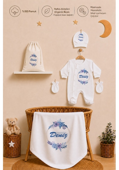 Pia Baby İsme Özel Hastane Çıkışı %100 Pamuk Erkek Bebek Organik Baskılı Tulum Set Keseli Hediyelik 2044tybk0x Krem
