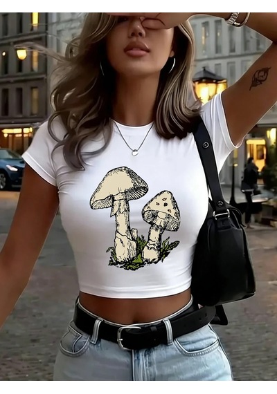 Tarzsokak Sevimli Mantar Baskılar Kadın Kırpma T-shirt Yaz Yumuşak Yüksek Elastik Üstler O-boyun Kısa K Beyaz