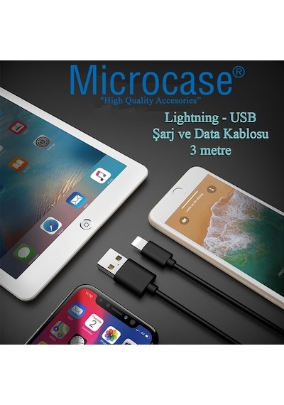 Microcase Apple Uyumlu iPhone iPad Lightning Usb Şarj Ve Data Kablosu 3 Metre Siyah