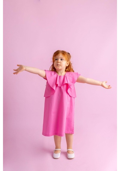Oliventhekid Volanlı Poplin Kolsuz Ensesi Düğmeli Kız Çocuk Elbise Pembe Pembe