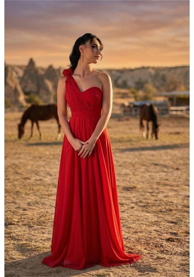 Berissima Bride Kalp Yaka Çiçek Detaylı Şifon Tek Omuz Nikah & Dış Çekim Elbisesi Kırmızı Kırmızı Berissima Bride Kalp Yaka Çiçek Detaylı Şifon Tek Omuz Nikah & Dış Çekim Elbisesi Kırmızı Kırmızı