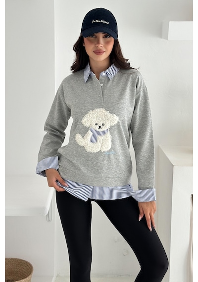 Kadın Nakış Peluş Ayıcık Figürlü Sweatshirt Eğlenceli & Şehirli Stil Gri