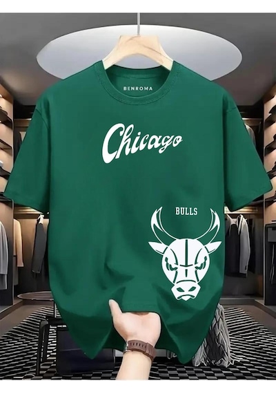 Chıcago Bulss Baskılı Oversize Tişört Yeşil
