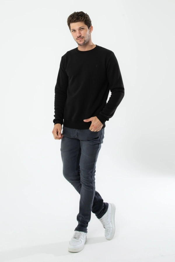 Yxc Trend Maker Erkek Pamuklu Içi Polarlı Nakışlı Relaxed Erkek Sweatshirt Tek Üst Siyah