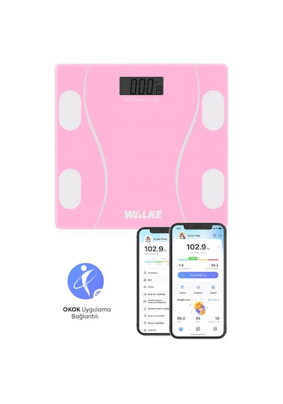 Walke Premium Seri Dijital Baskül Yağ Su Kas Vücut Kitle Endeksi Kilo Ölçer Tartı 30 30 Cm Pembe