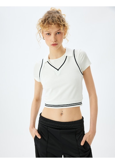 Koton Slim Fit Kolsuz Polo Yaka Biyeli Crop Tişört Ekru 5sal30041ık Ekru