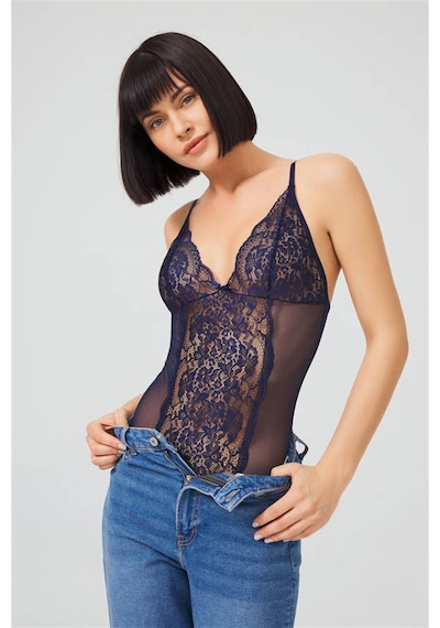 Cottonhill Lacivert Çıtçıtlı Dantelli Transparan Balensiz Bodysuit Lacivert