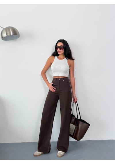 Kadın Kahverengi Wide-leg Jean Yüksek Bel Geniş Paça Kot Pantolon Kahverengi
