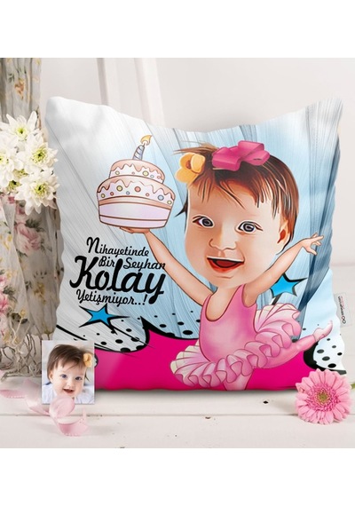Kişiye Özel Kız Çocuk Doğum Günü Karikatürlü Saten Yastık - 1