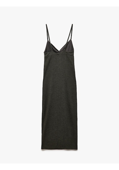 Koton Derin V Yaka Slim Fit Midi Boy İnce Askılı Kalem Elbise Antrasit 5sak80067ek Antrasit