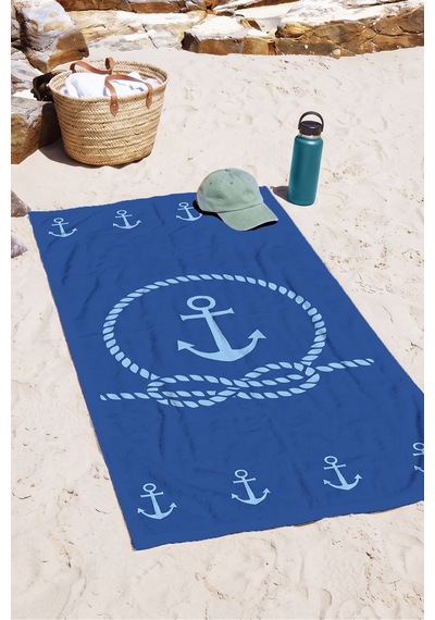 Çapa Marine Lacivert Plaj Havlusu - Halat Motifli Modern Mavi Hızlı Kuruyan Mikrofiber Havlu Yumuşak İncir