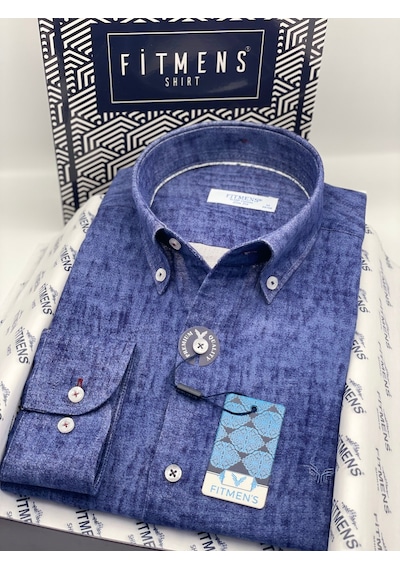 Slim Fit Uzun Kol Müslin Dijital Baskılı Hediye Kutulu Erkek Gömlek Fs-004599 - Lacivert-3362