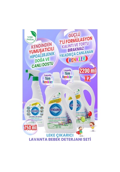 %100 Doğal Bitkisel Bebek Çamaşır Deterjanı Organik Lavanta Yağlı-leke Çıkarıcı Seti 2200 ML