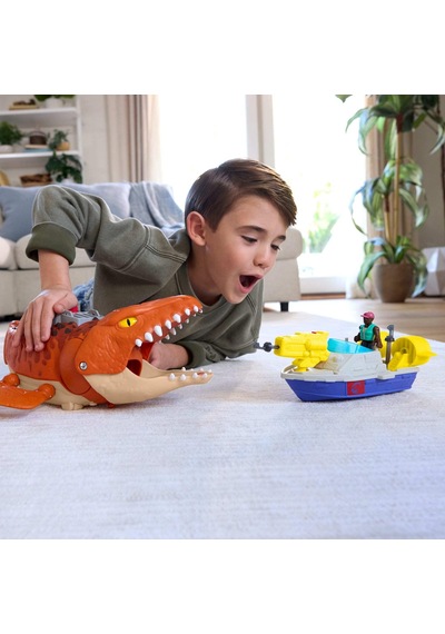 Fisher-price Imaginext Jurassic World Rebirth Dev Ağızlı Mosasaurus, 45,5 Cm'lik Dinozor Oyuncağı, 7,5 Cm'lik Aksiyon Figürü, Fırlatıcılı Tekne Ve 2 Cephane, Jfr23