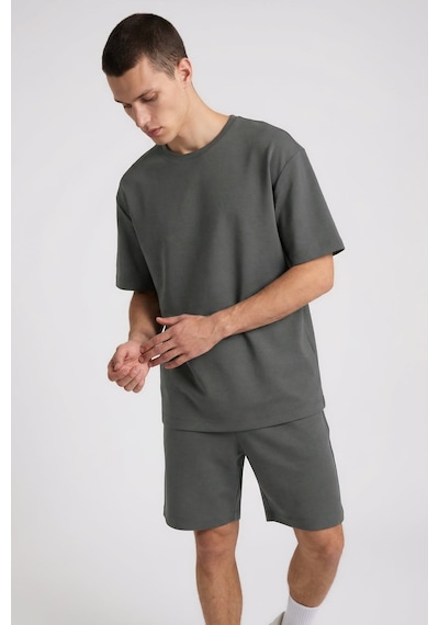Haki Oversize Fit Basic Erkek Şort Takım - 85292