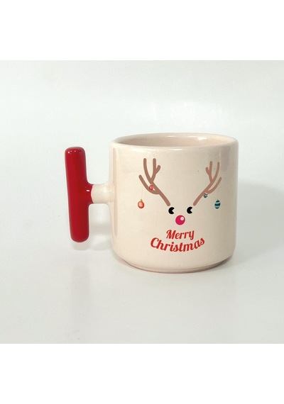 Merry Christmas Geyik Baskılı Kırmızı Kulplu T Yılbaşı Kupası
